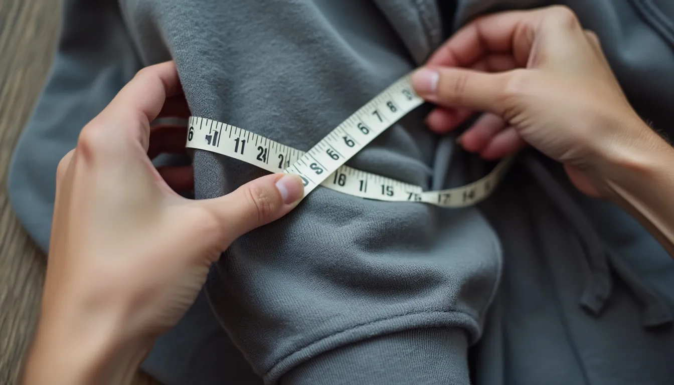 A close-up of a tailor's measuring tape against a hoodie sleeve, highlighting the measurement markings. The fabric drapes softly, with a focus on the cuff and a pair of hands adjusting the sleeve length.