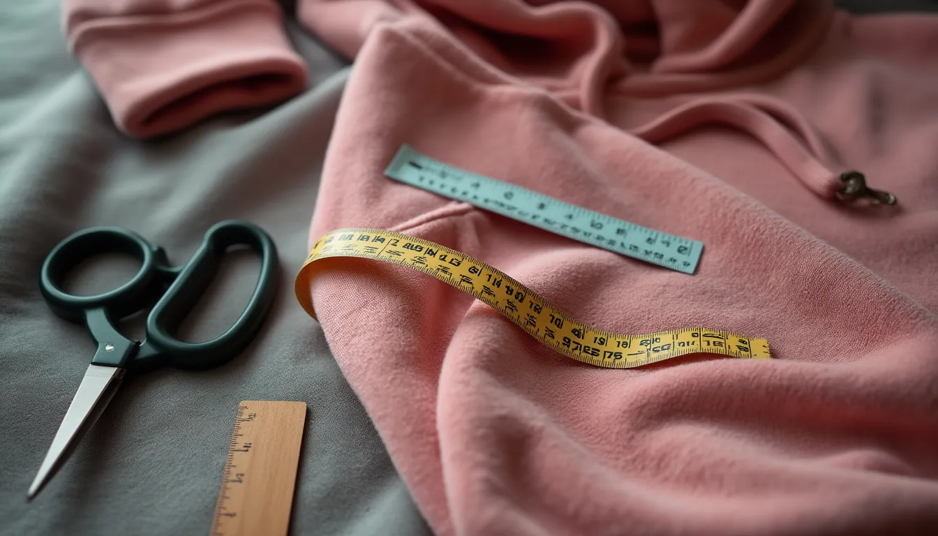 A close-up of a measuring tape stretched alongside a cozy hoodie sleeve, with a ruler and a pair of scissors nearby, all set against a soft, textured fabric background in warm, inviting colors.