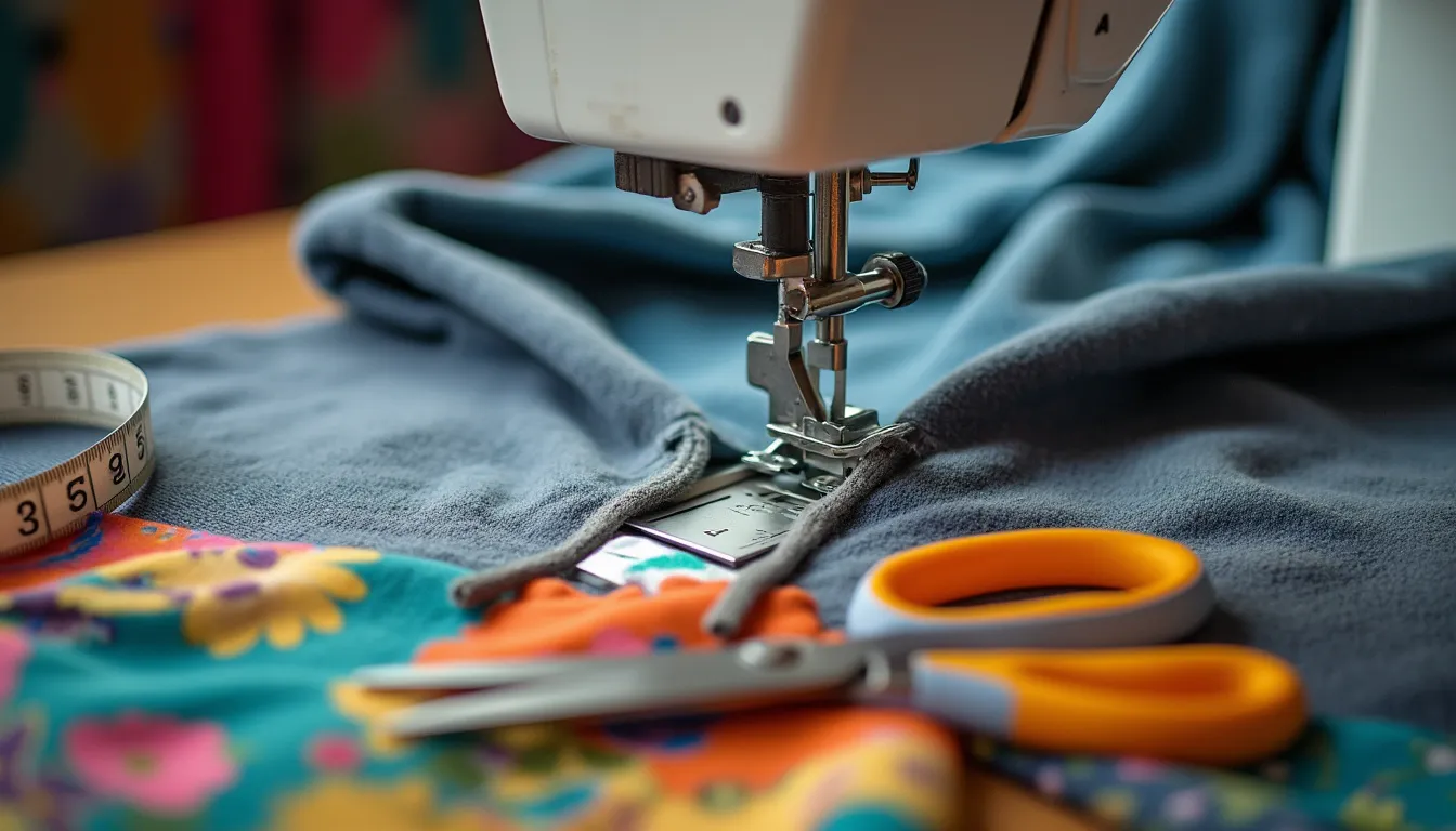 A close-up of a sewing machine with a hoodie sleeve being adjusted, vibrant threads visible, measuring tape curled nearby, and a pair of scissors resting on a colorful fabric remnant.