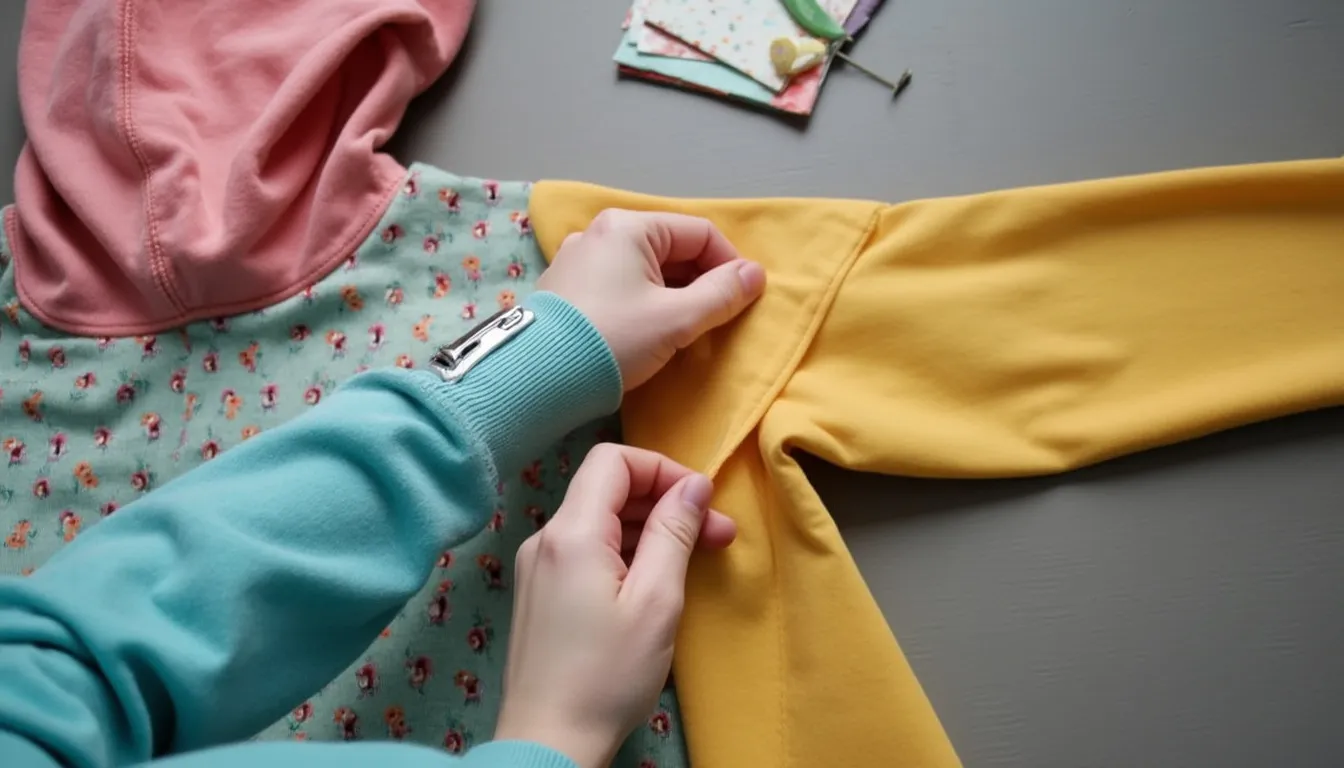 A close-up of a hands-on sewing project, showcasing a pair of long sleeves being hemmed with fabric glue, featuring a colorful hoodie, smooth adhesive application, and a pair of scissors with fabric swatches nearby.