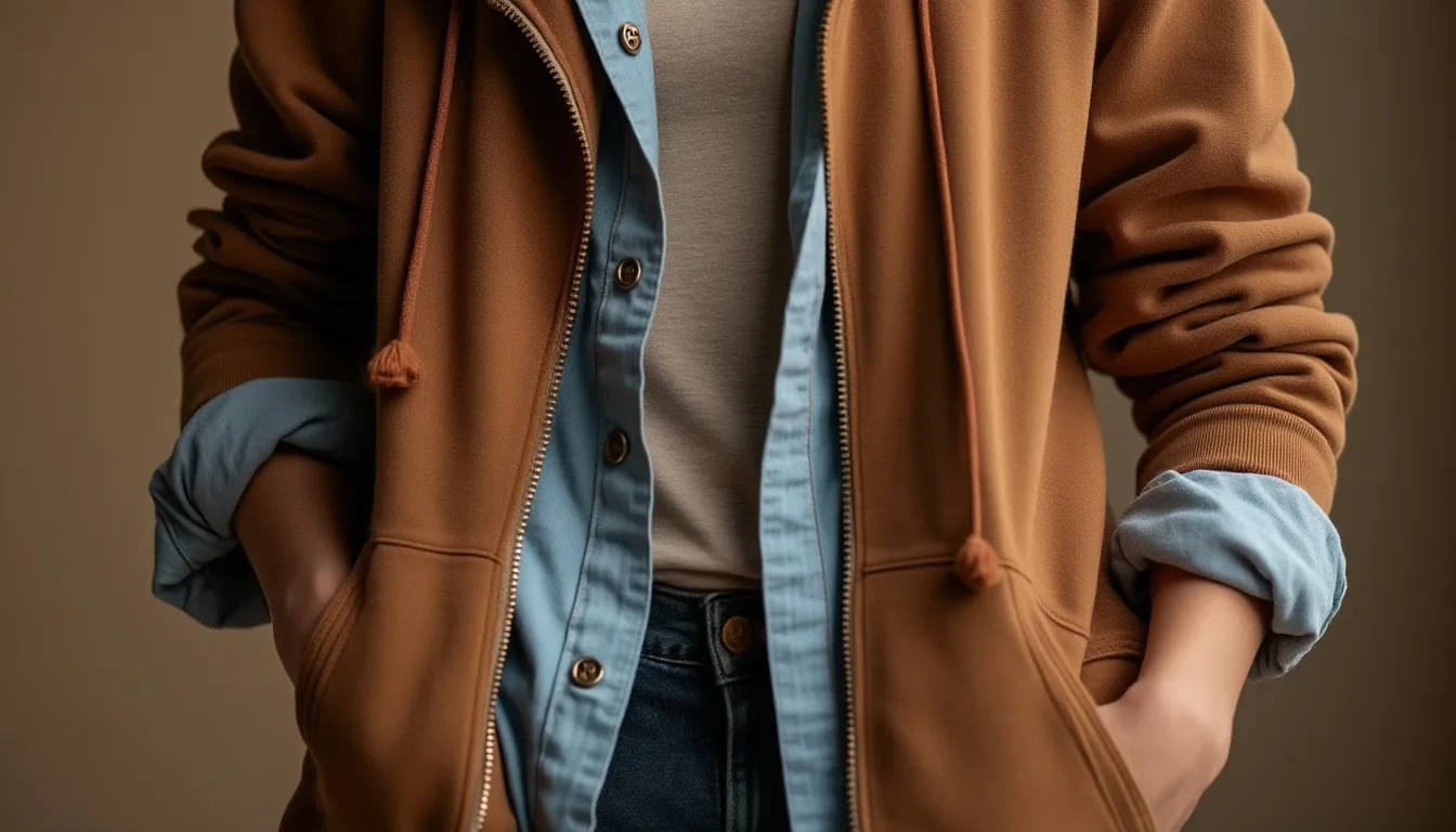 A stylishly cuffed hoodie with rolled sleeves, showcasing a cozy, casual vibe. Soft fabric drapes elegantly, revealing a hint of a layered shirt underneath, set against a warm, inviting background.