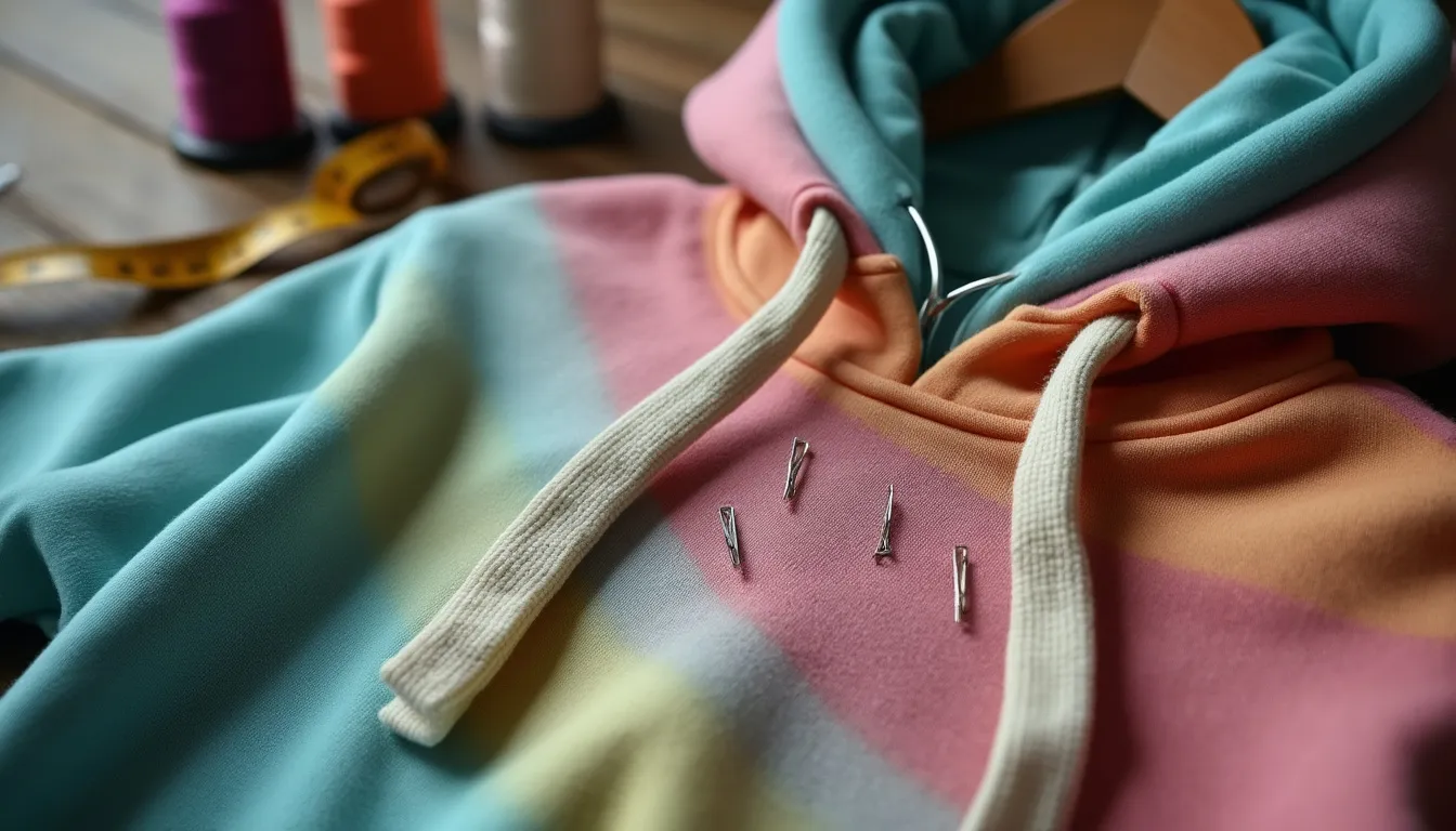 A close-up of a colorful hoodie with long sleeves, showcasing silver safety pins securing the fabric. The background features a soft, blurred sewing kit with threads and a tape measure, enhancing the DIY vibe.