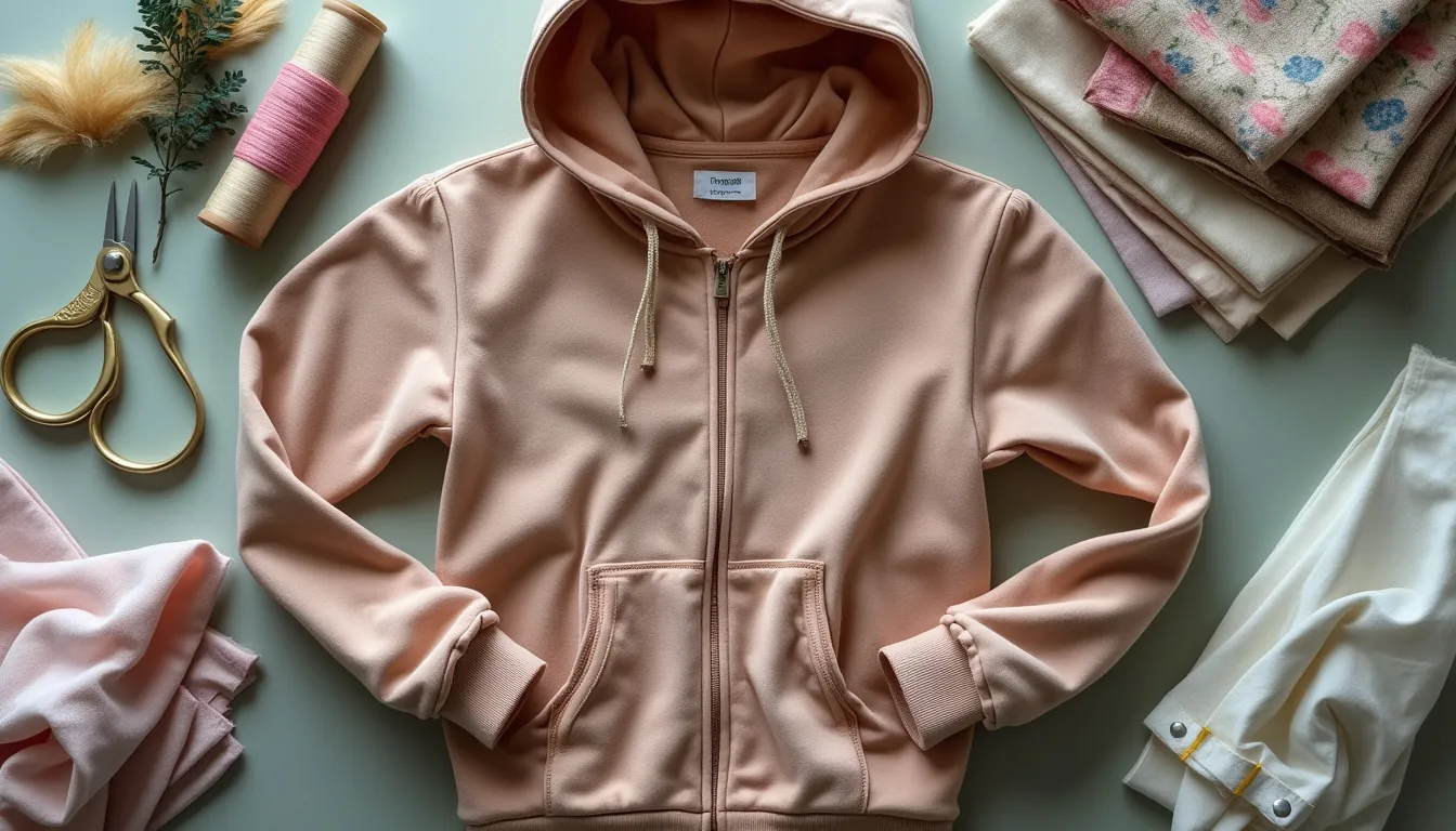 A stylishly tailored hoodie with neatly adjusted long sleeves, showcasing a close-up of the cuffs. Surrounding elements include sewing tools, colorful thread, and fabric swatches, highlighting a chic, organized workspace.